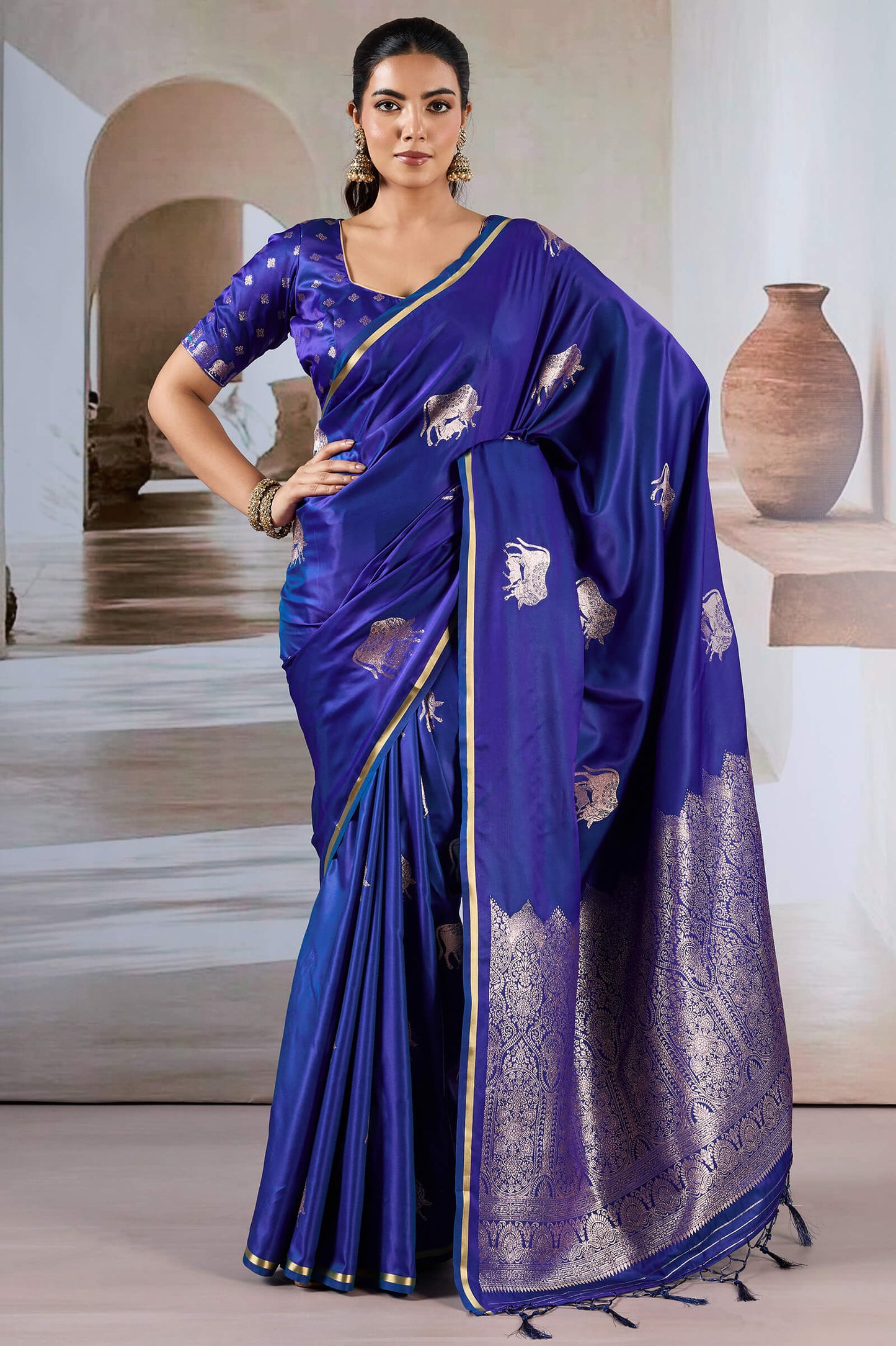 Majesty Royal Blue Banarasi Satin Silk Saree With Vestigial Blouse