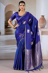 Majesty Royal Blue Banarasi Satin Silk Saree With Vestigial Blouse