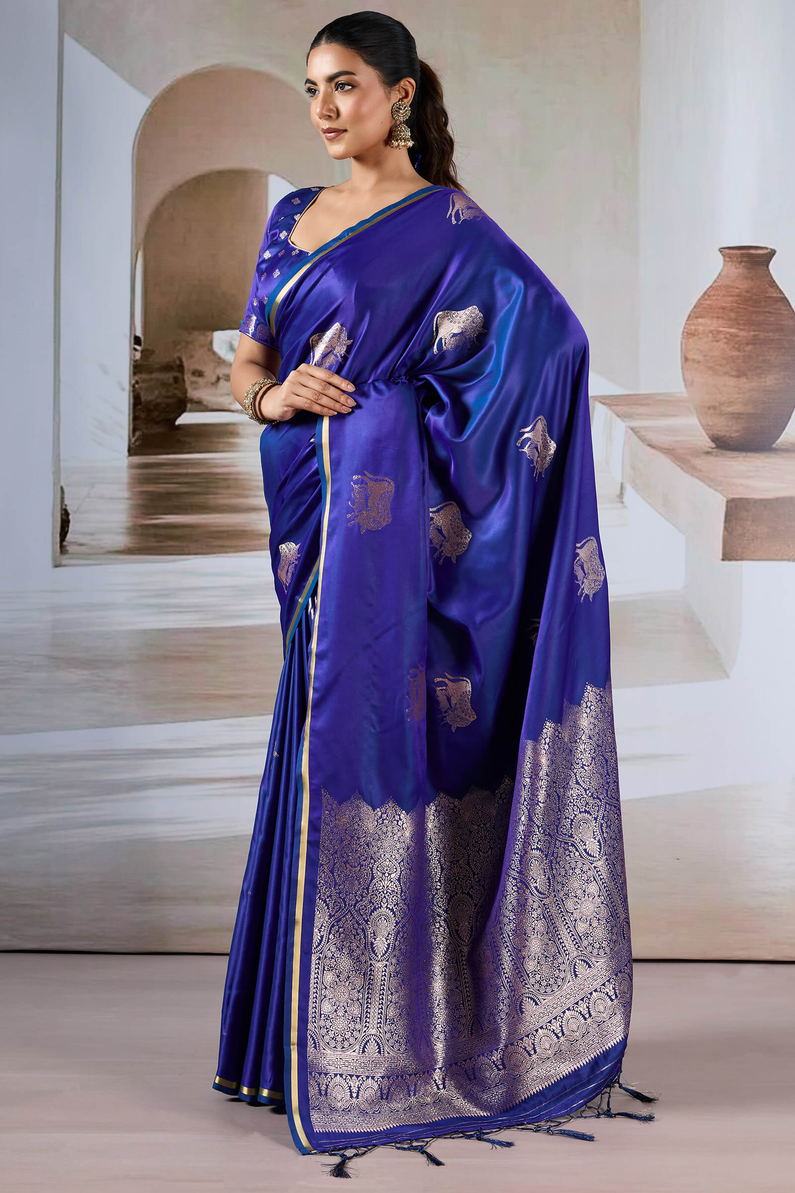 Majesty Royal Blue Banarasi Satin Silk Saree With Vestigial Blouse