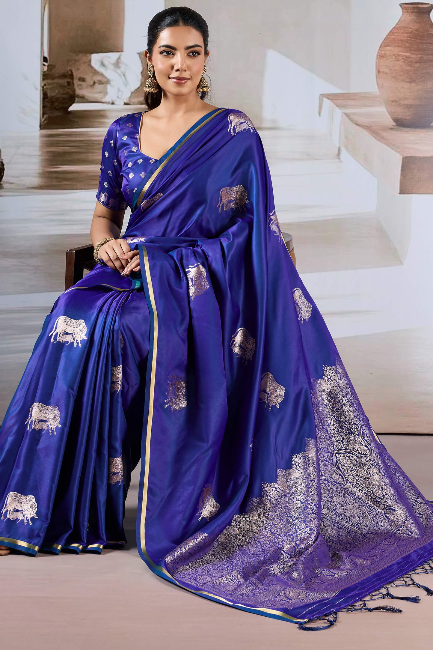 Majesty Royal Blue Banarasi Satin Silk Saree With Vestigial Blouse