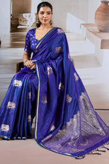 Majesty Royal Blue Banarasi Satin Silk Saree With Vestigial Blouse