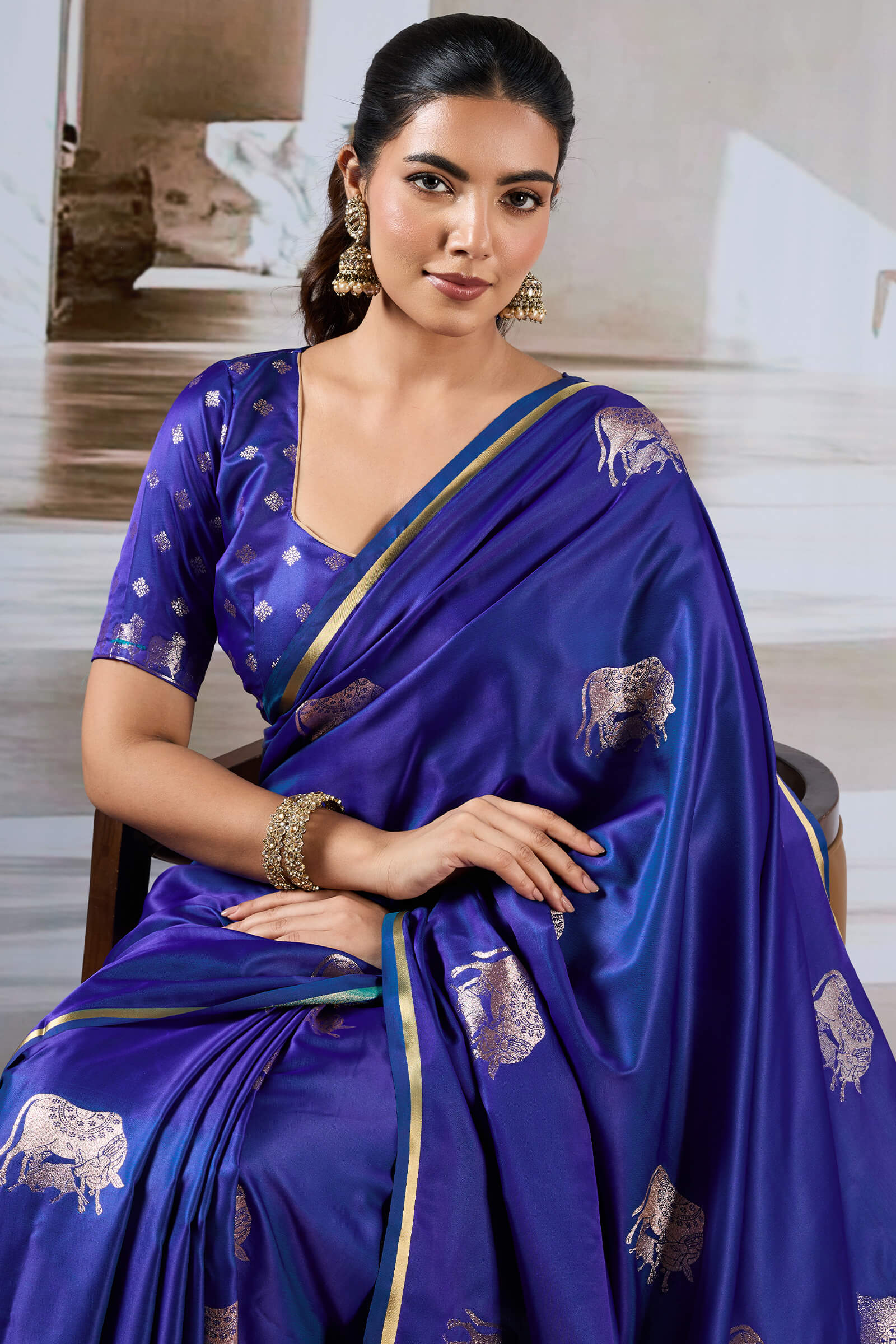 Majesty Royal Blue Banarasi Satin Silk Saree With Vestigial Blouse
