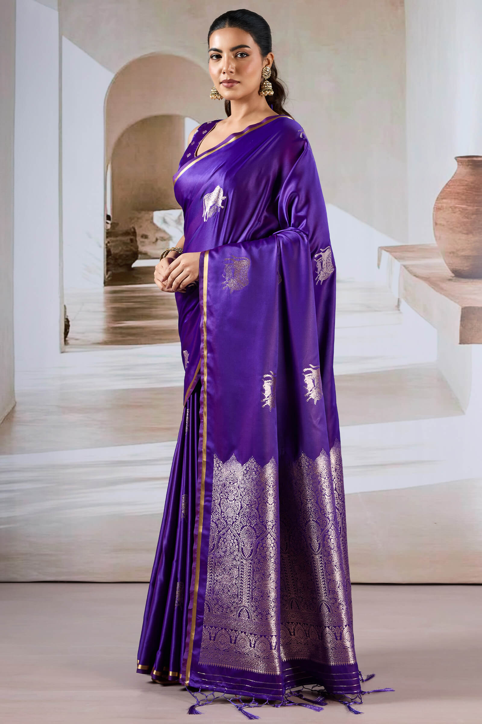 Exemplary Purple Banarasi Satin Silk Saree With Pleasant Blouse