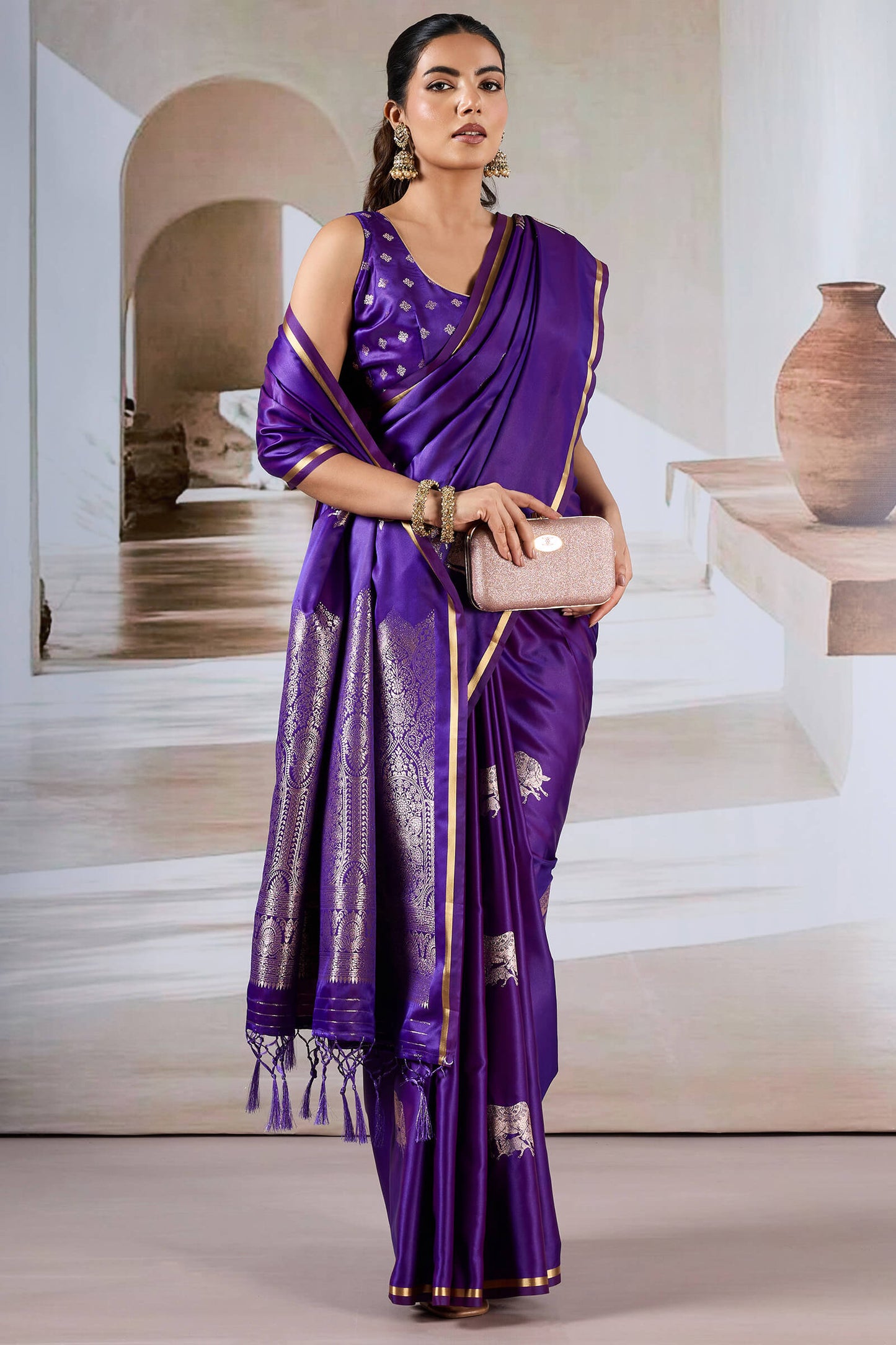 Exemplary Purple Banarasi Satin Silk Saree With Pleasant Blouse