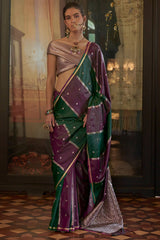 Aplomb Green and Wine Banarasi Satin Silk Saree With Staring Blouse
