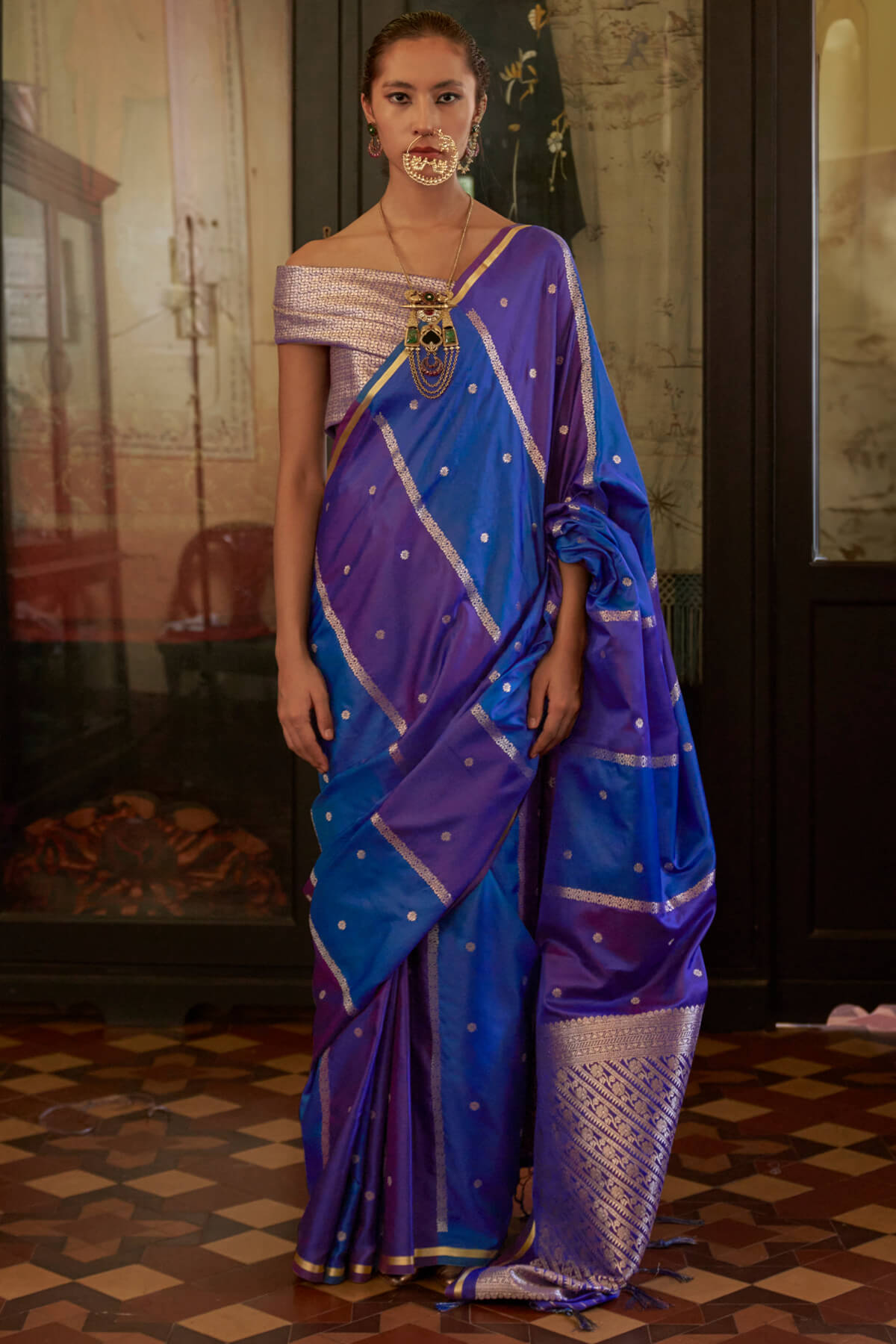 Panoply Blue and Wine Banarasi Satin Silk Saree With Vestigial Blouse