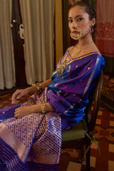 Panoply Blue and Wine Banarasi Satin Silk Saree With Vestigial Blouse