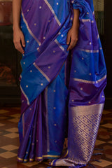 Panoply Blue and Wine Banarasi Satin Silk Saree With Vestigial Blouse