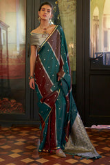 Unique Green and Maroon Banarasi Satin Silk Saree With Opulent Blouse