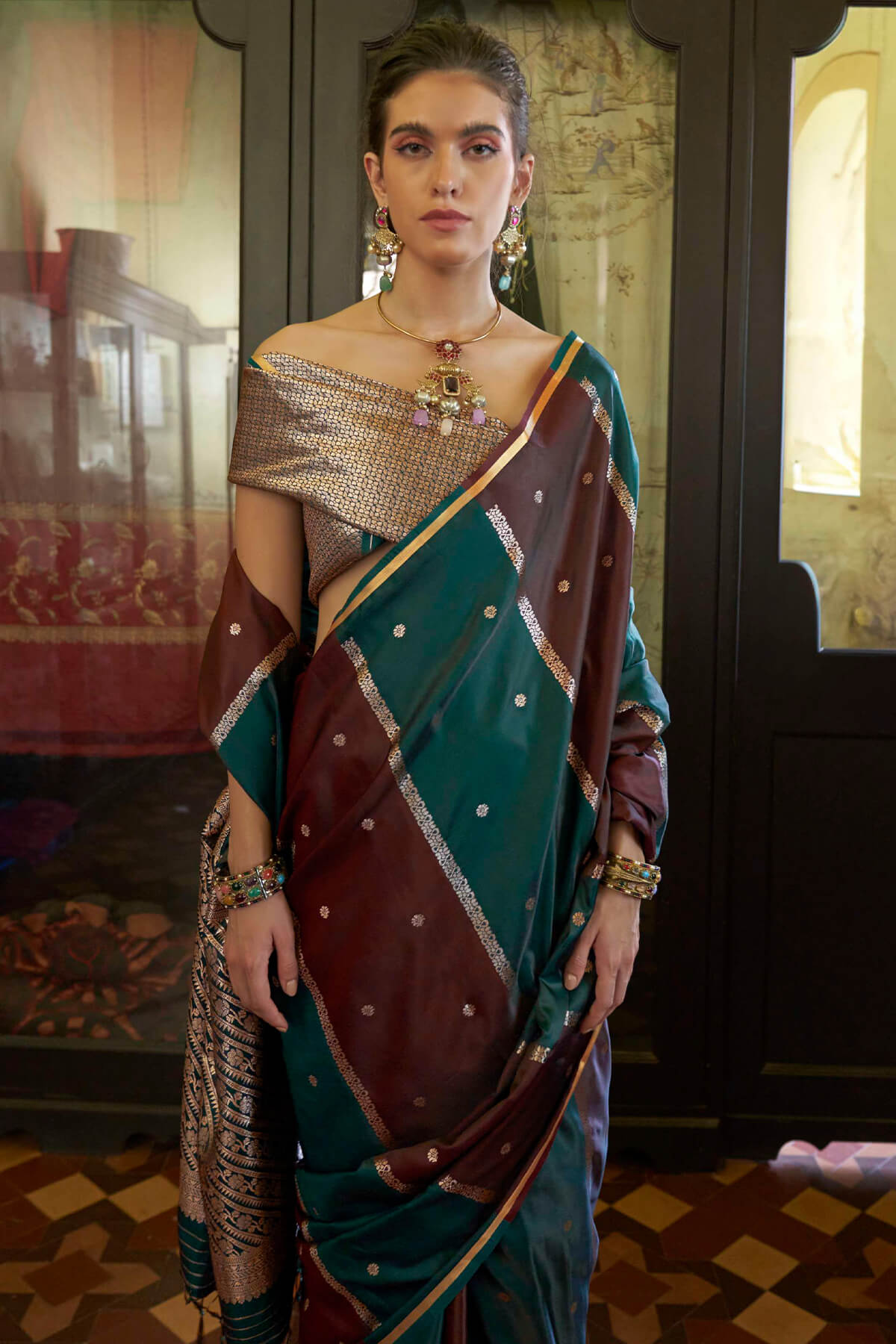 Unique Green and Maroon Banarasi Satin Silk Saree With Opulent Blouse