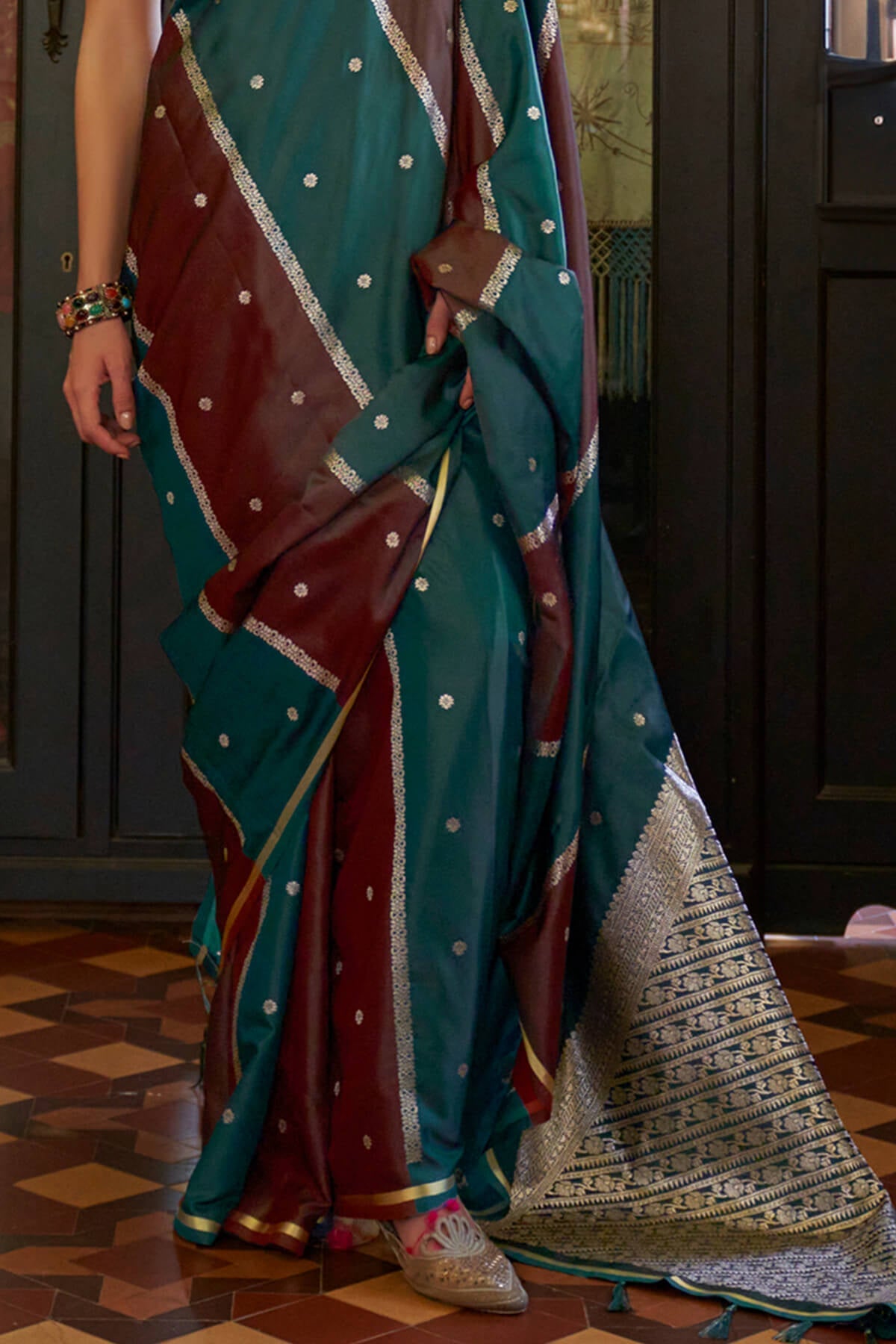 Unique Green and Maroon Banarasi Satin Silk Saree With Opulent Blouse