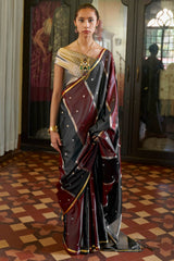 Alluring Black and Maroon Banarasi Satin Silk Saree With Desirable Blouse