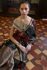 Alluring Black and Maroon Banarasi Satin Silk Saree With Desirable Blouse