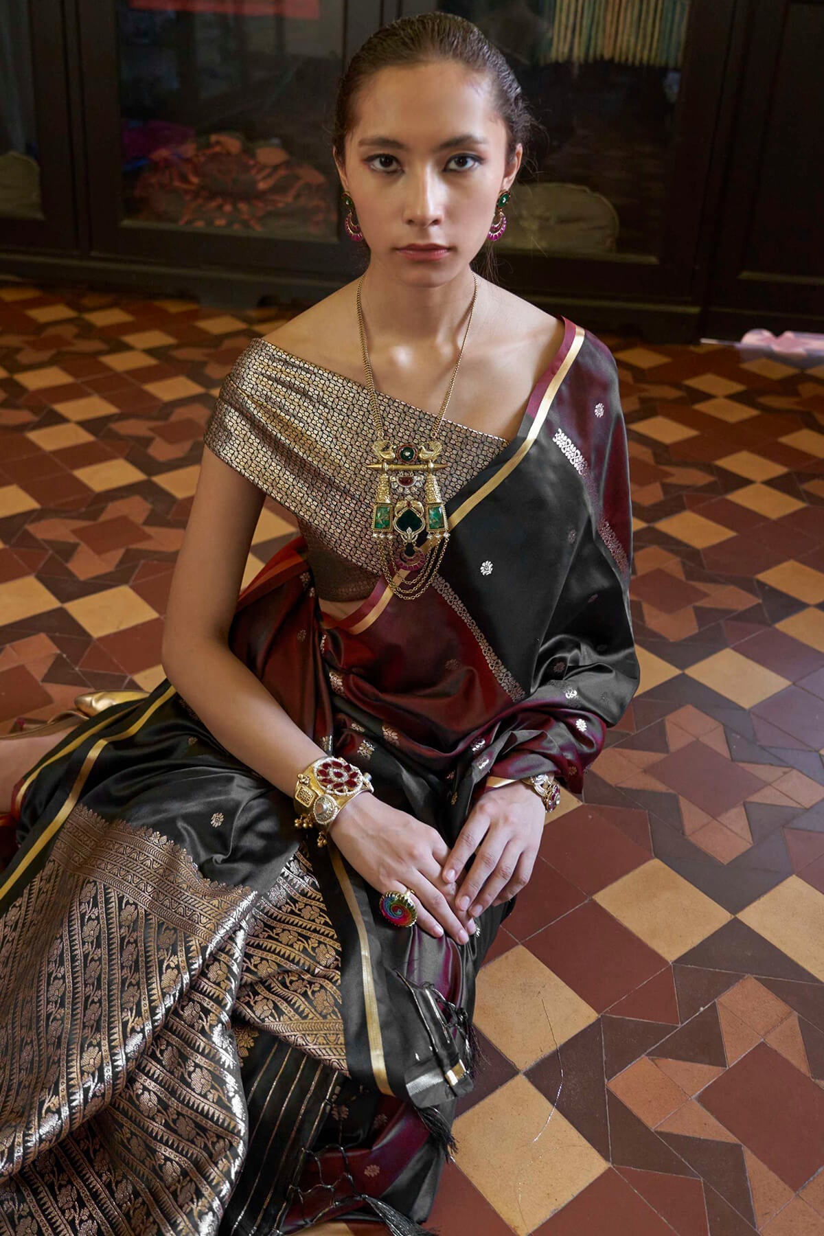 Alluring Black and Maroon Banarasi Satin Silk Saree With Desirable Blouse