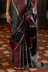 Alluring Black and Maroon Banarasi Satin Silk Saree With Desirable Blouse
