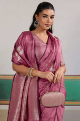 Cynosure Pink Banarasi Satin Silk Saree With Rhapsody Blouse