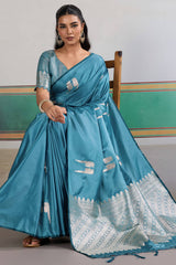 Effulgent Firozi Banarasi Satin Silk Saree With Enamoring Blouse
