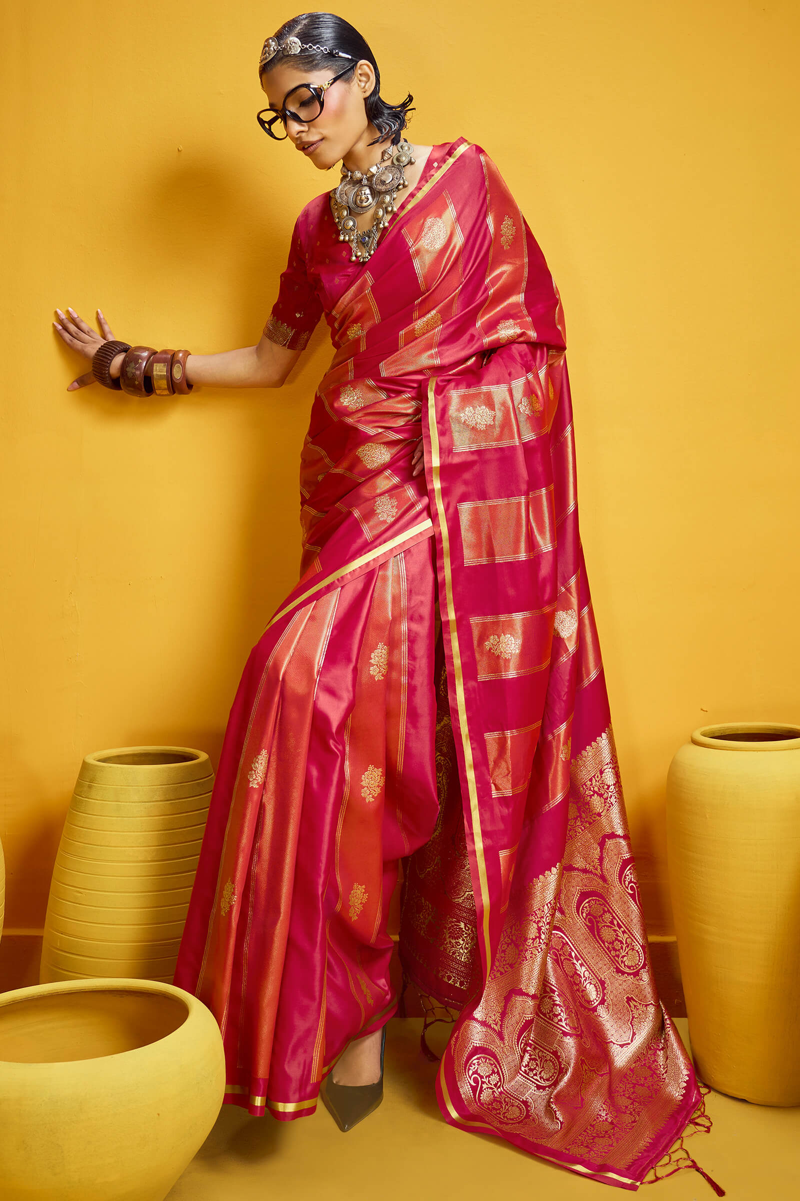 Snazzy Red Banarasi Satin Silk Saree With Serendipity Blouse