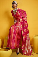 Snazzy Red Banarasi Satin Silk Saree With Serendipity Blouse