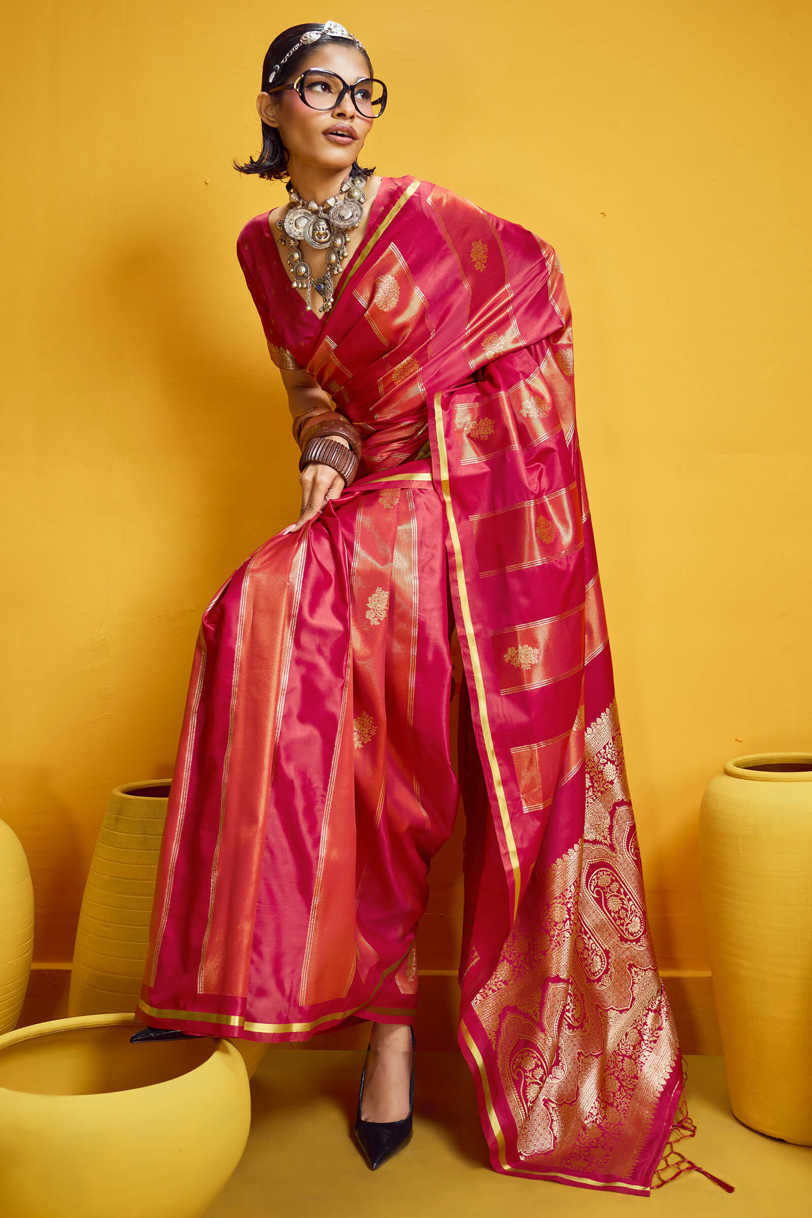 Snazzy Red Banarasi Satin Silk Saree With Serendipity Blouse