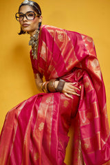 Snazzy Red Banarasi Satin Silk Saree With Serendipity Blouse
