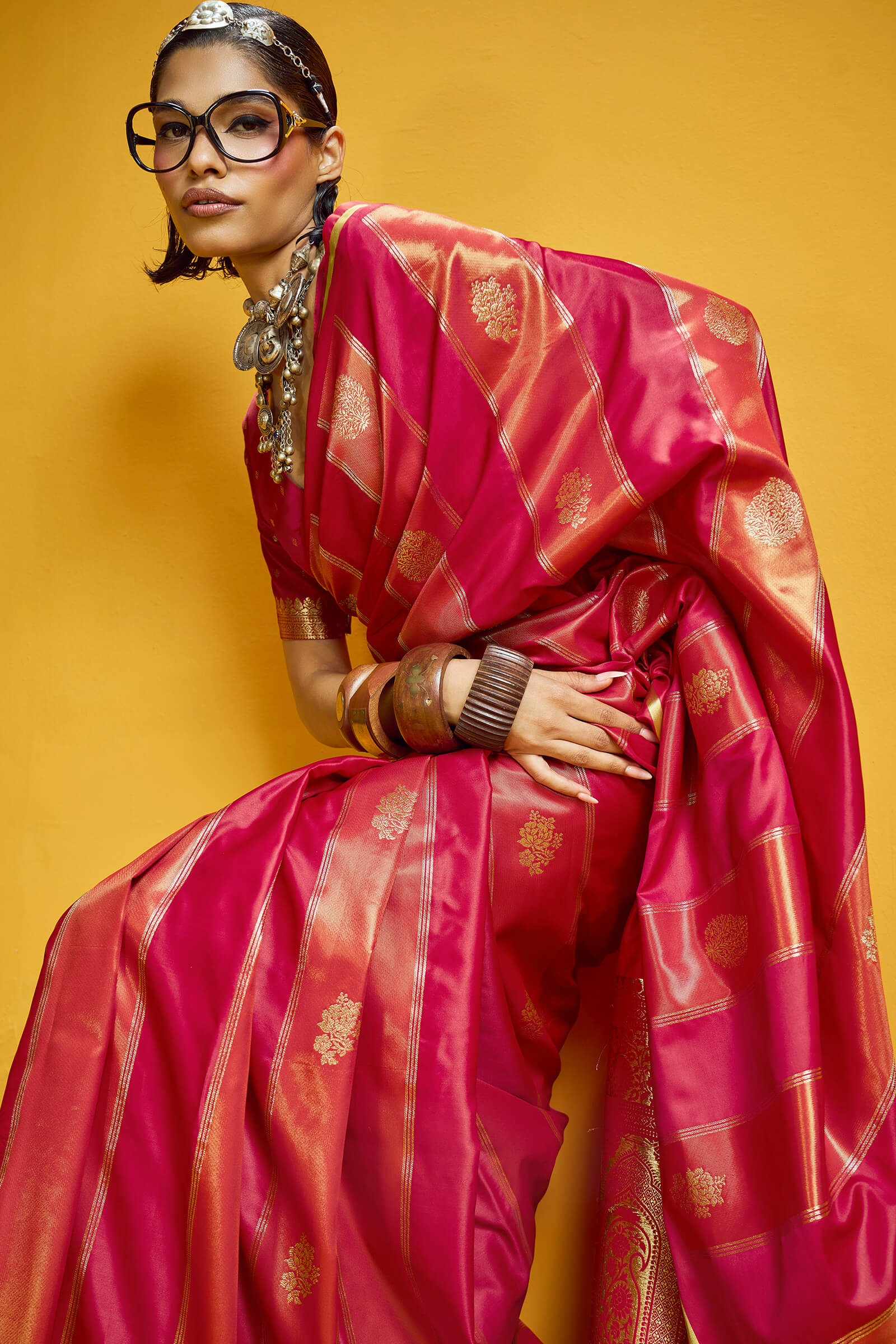 Snazzy Red Banarasi Satin Silk Saree With Serendipity Blouse