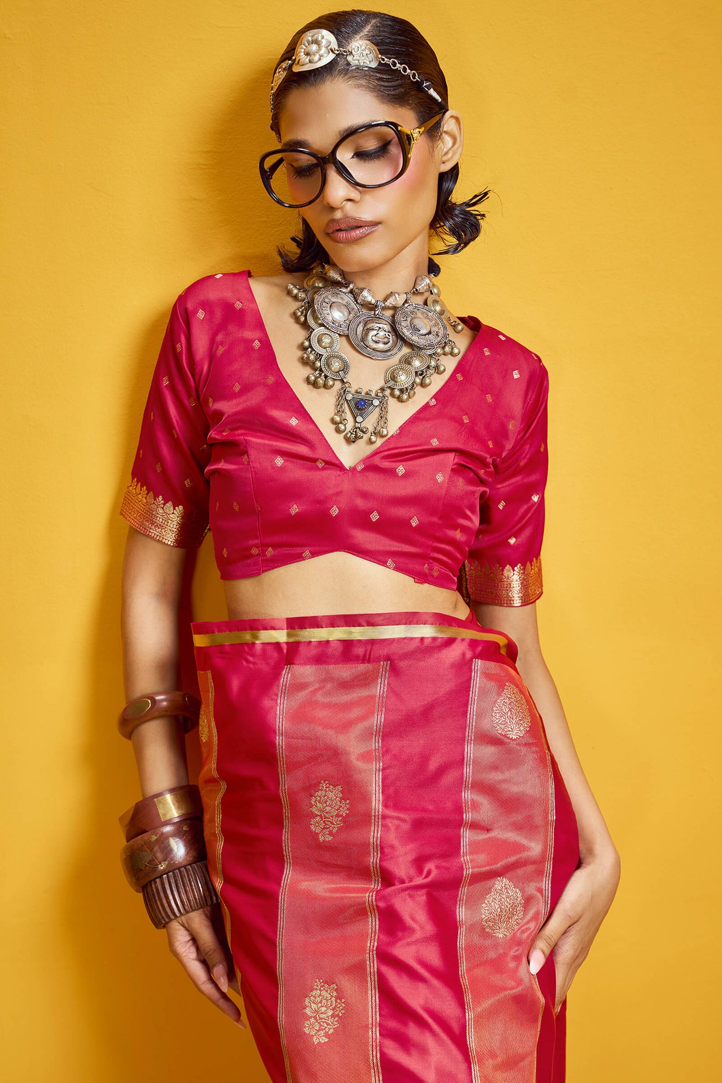 Snazzy Red Banarasi Satin Silk Saree With Serendipity Blouse