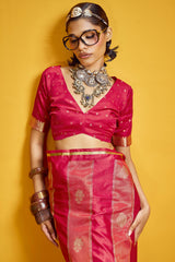 Snazzy Red Banarasi Satin Silk Saree With Serendipity Blouse
