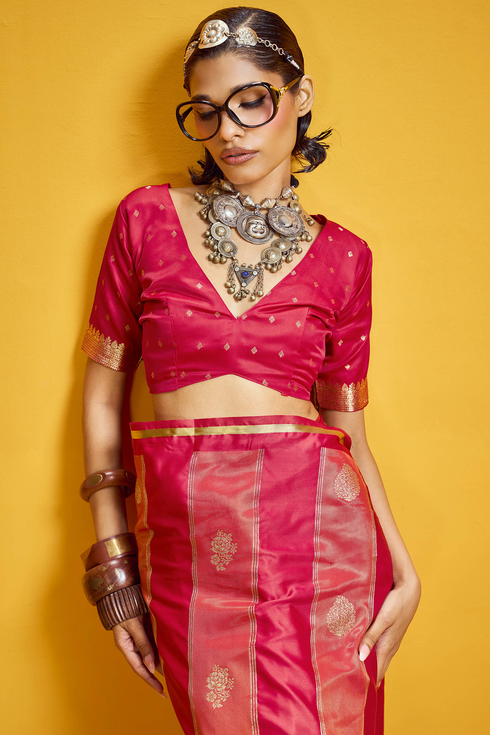 Snazzy Red Banarasi Satin Silk Saree With Serendipity Blouse