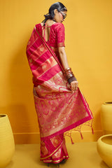 Snazzy Red Banarasi Satin Silk Saree With Serendipity Blouse