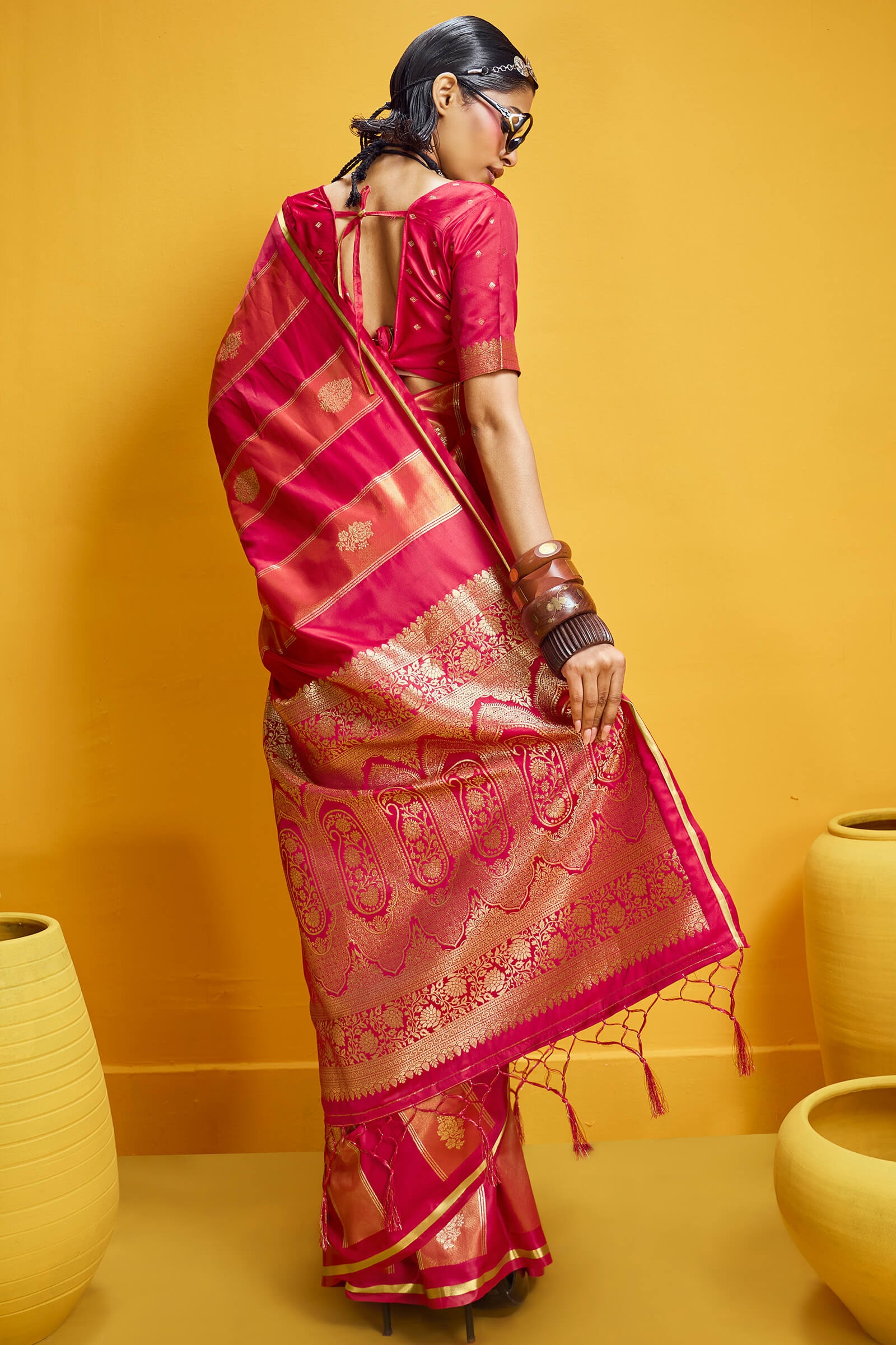 Snazzy Red Banarasi Satin Silk Saree With Serendipity Blouse