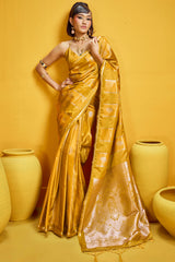 Sumptuous Mustard Banarasi Satin Silk Saree With Stunning Blouse