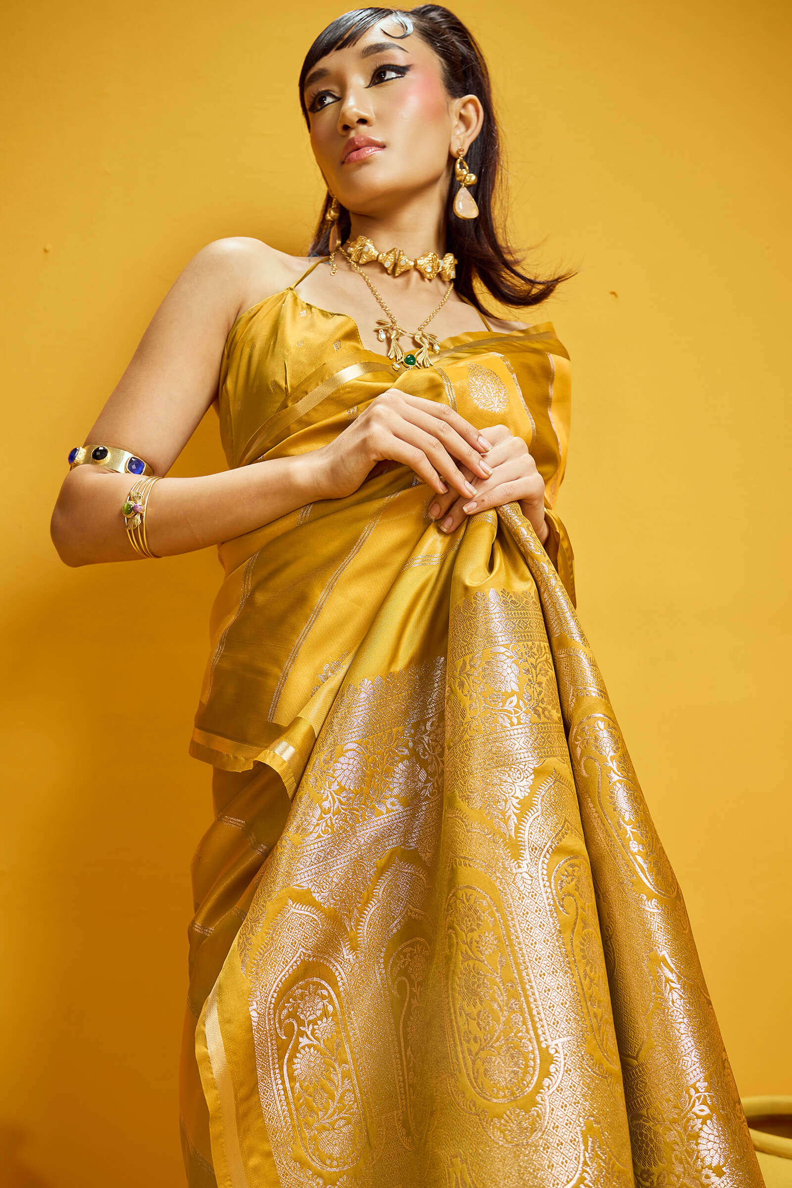 Sumptuous Mustard Banarasi Satin Silk Saree With Stunning Blouse