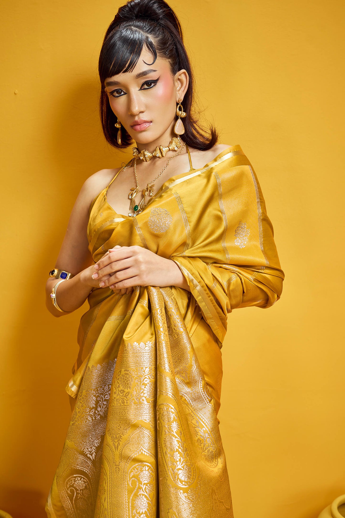 Sumptuous Mustard Banarasi Satin Silk Saree With Stunning Blouse