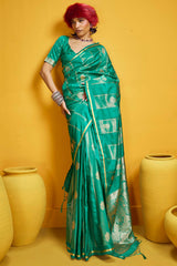 Sempiternal Turquoise Banarasi Satin Silk Saree With Innovative Blouse