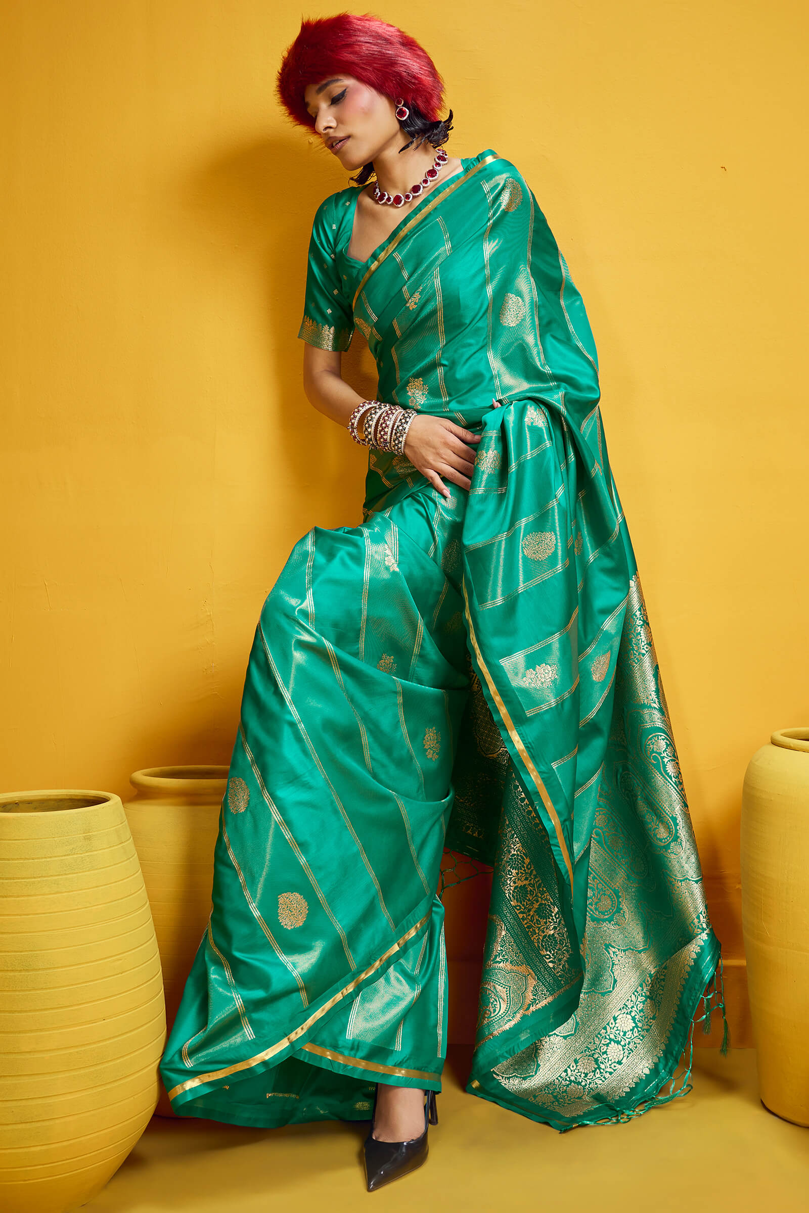 Sempiternal Turquoise Banarasi Satin Silk Saree With Innovative Blouse