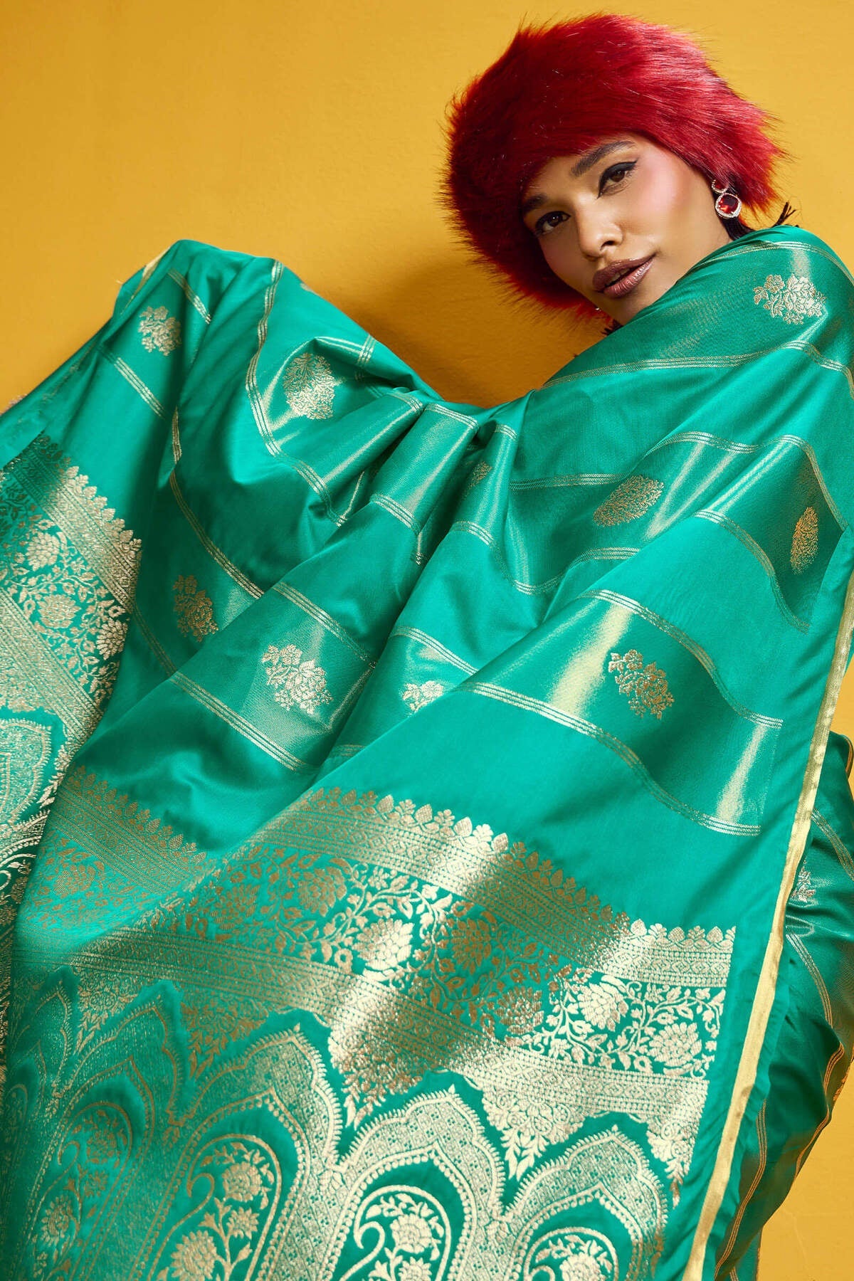 Sempiternal Turquoise Banarasi Satin Silk Saree With Innovative Blouse