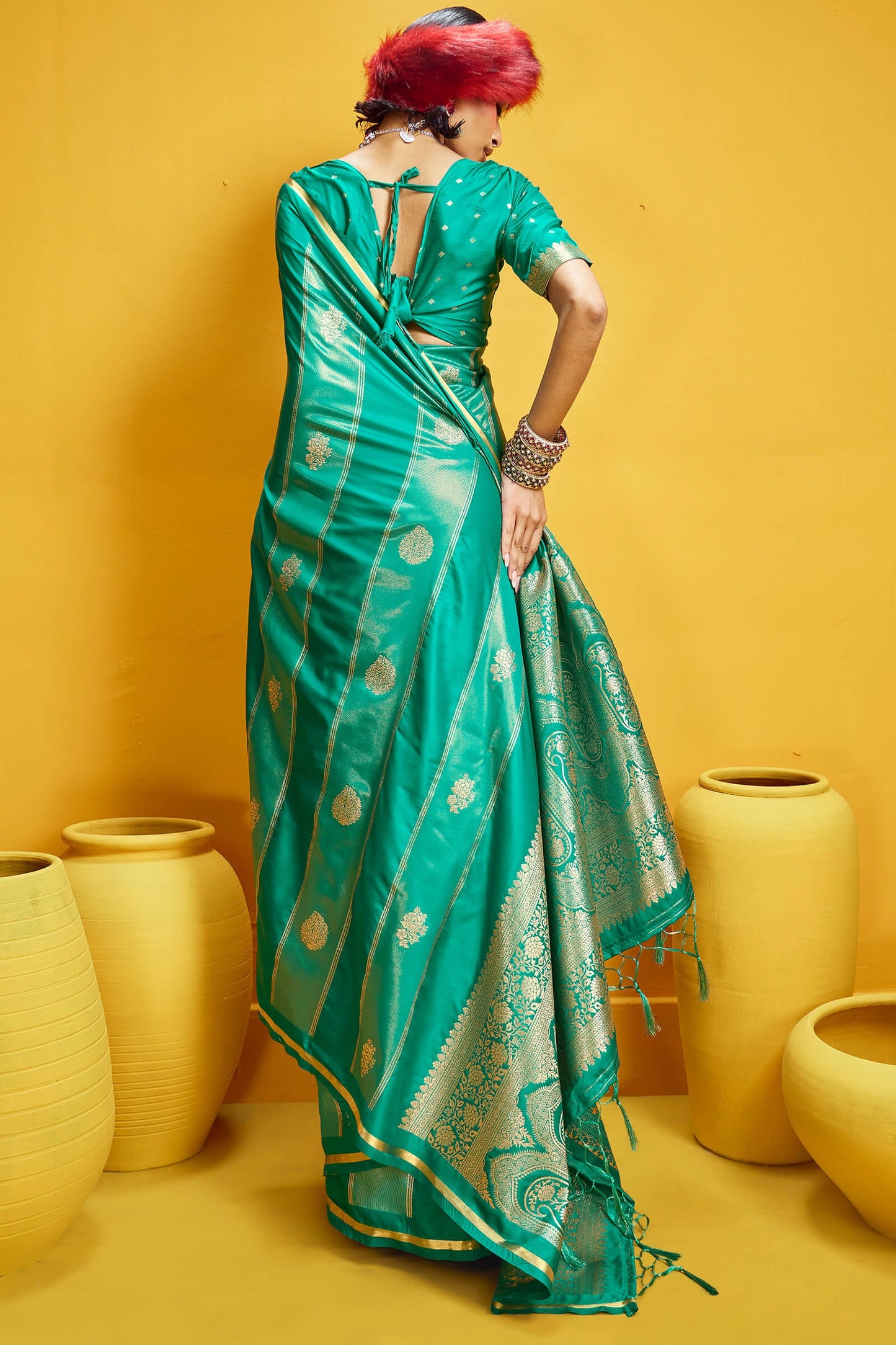 Sempiternal Turquoise Banarasi Satin Silk Saree With Innovative Blouse