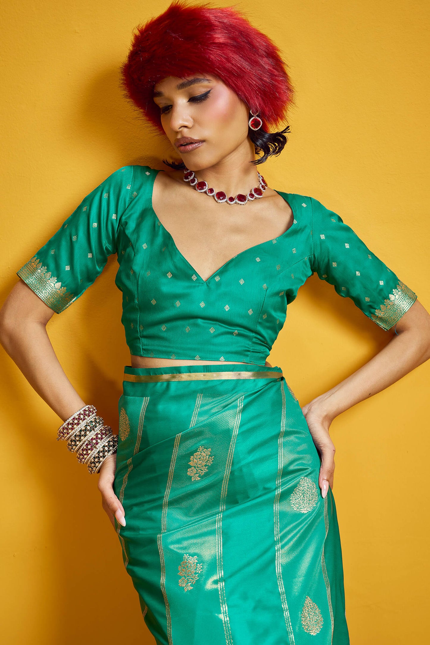 Sempiternal Turquoise Banarasi Satin Silk Saree With Innovative Blouse
