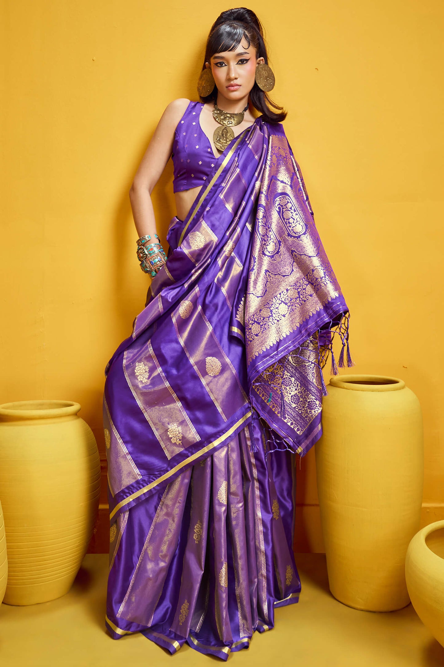 Ephemeral Purple Banarasi Satin Silk Saree With Entrancing Blouse