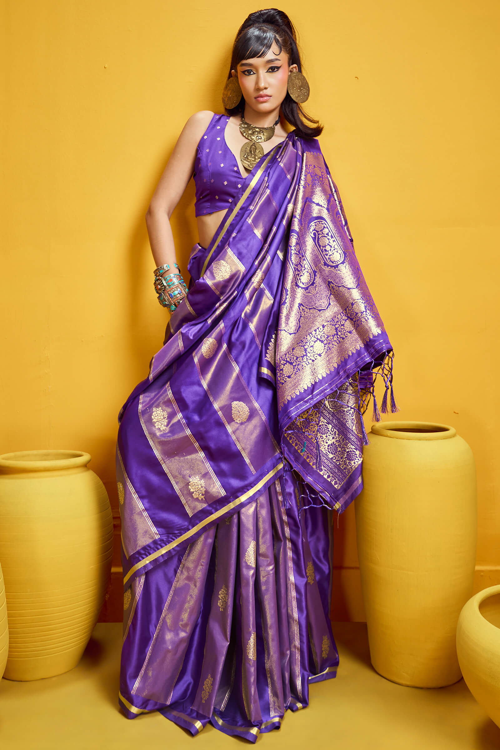 Ephemeral Purple Banarasi Satin Silk Saree With Entrancing Blouse