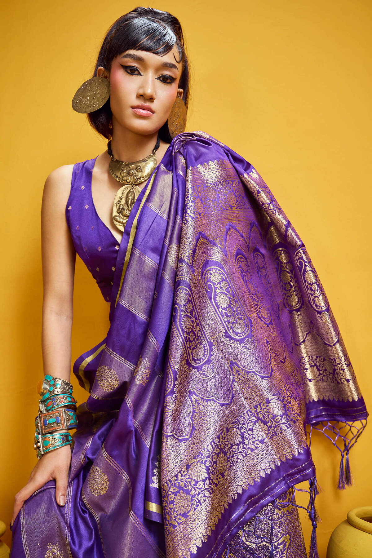 Ephemeral Purple Banarasi Satin Silk Saree With Entrancing Blouse
