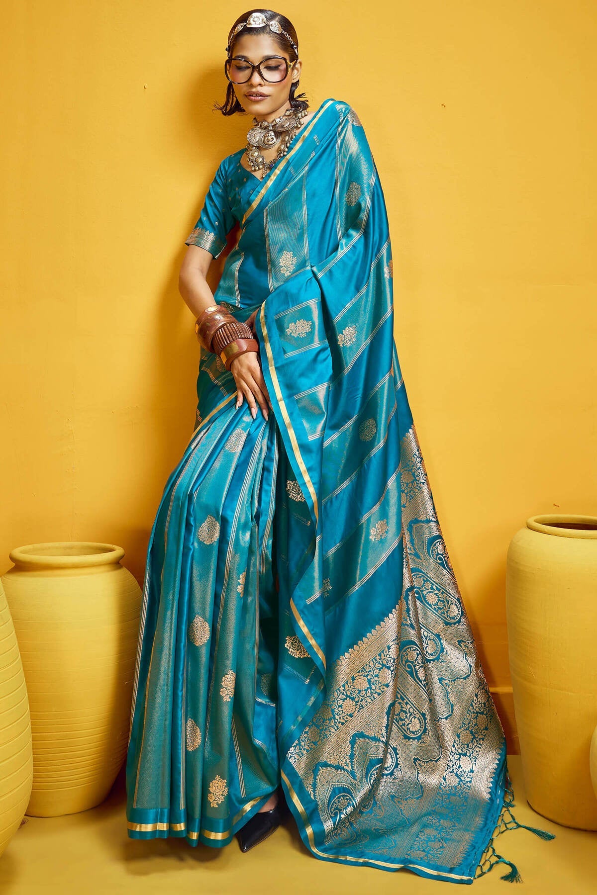 Fragrant Firozi Banarasi Satin Silk Saree With Majestic Blouse