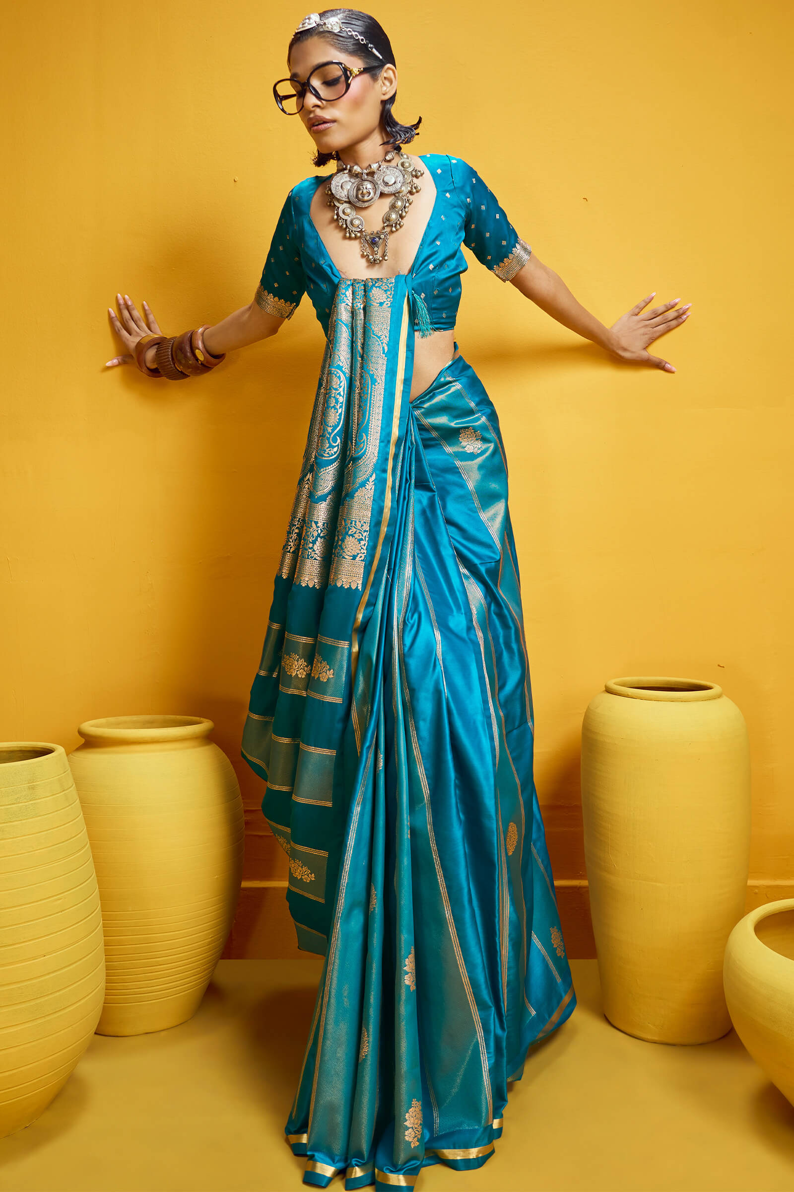 Fragrant Firozi Banarasi Satin Silk Saree With Majestic Blouse
