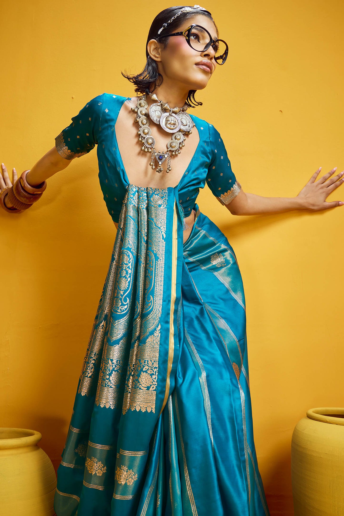 Fragrant Firozi Banarasi Satin Silk Saree With Majestic Blouse