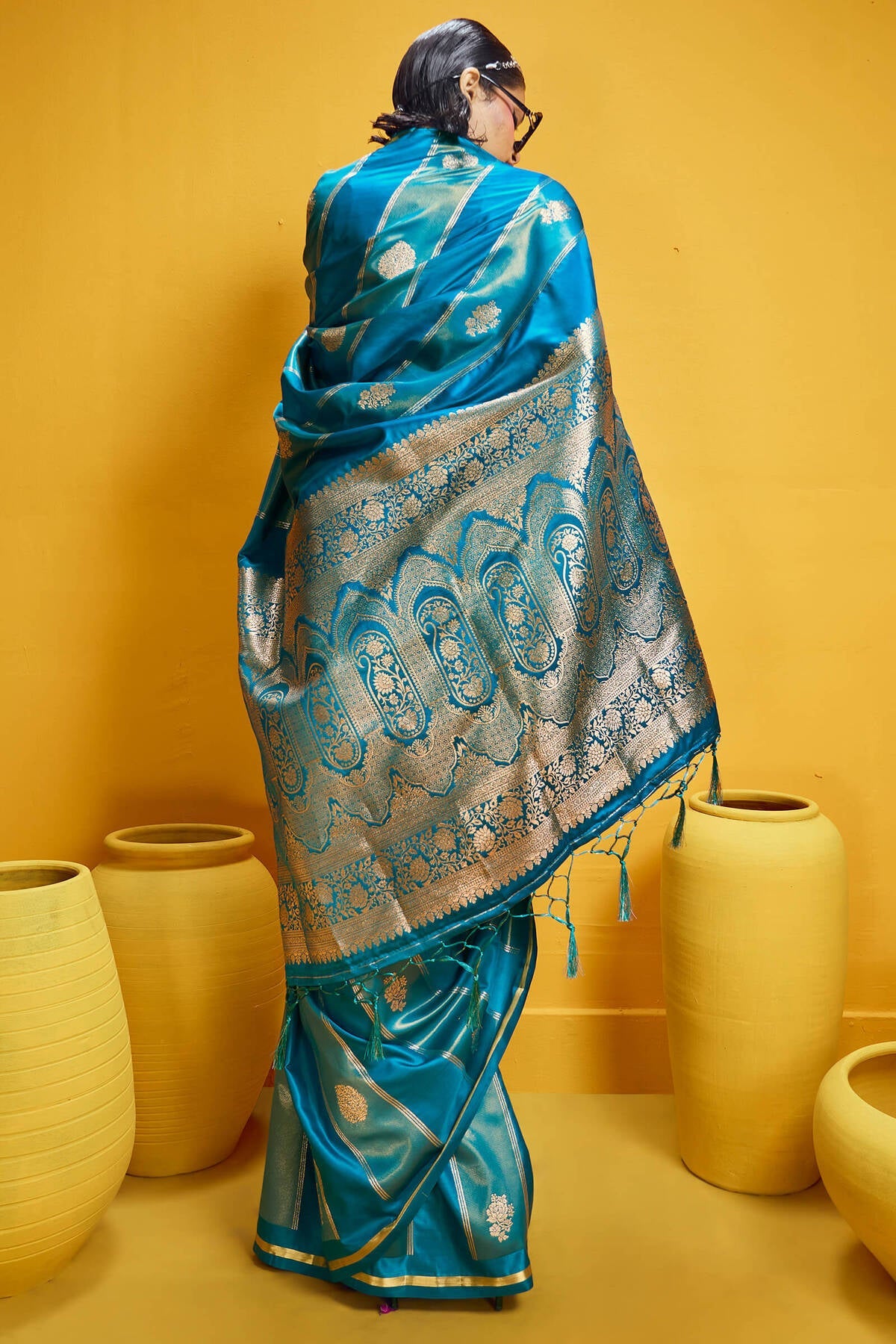 Fragrant Firozi Banarasi Satin Silk Saree With Majestic Blouse