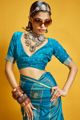 Fragrant Firozi Banarasi Satin Silk Saree With Majestic Blouse