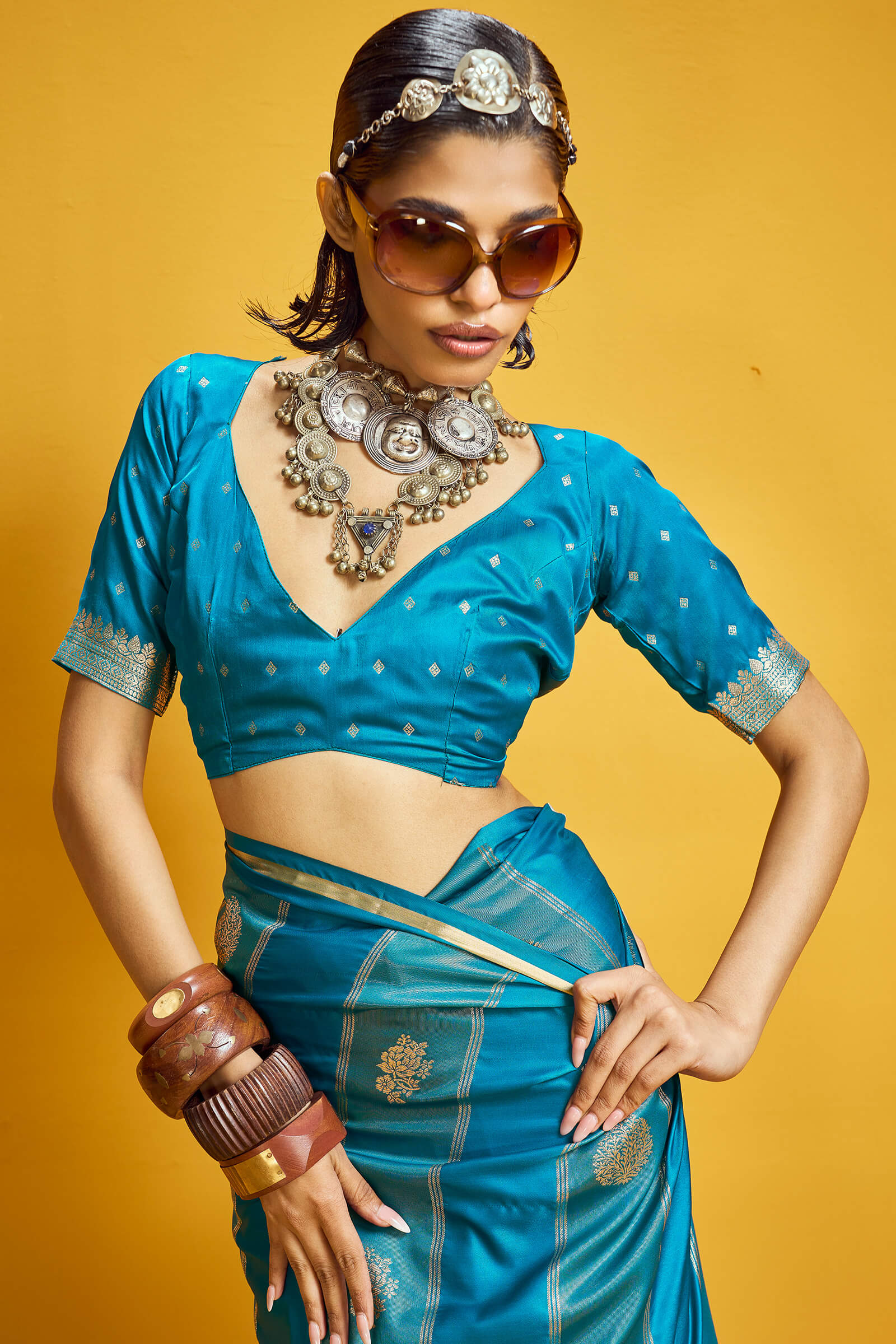 Fragrant Firozi Banarasi Satin Silk Saree With Majestic Blouse