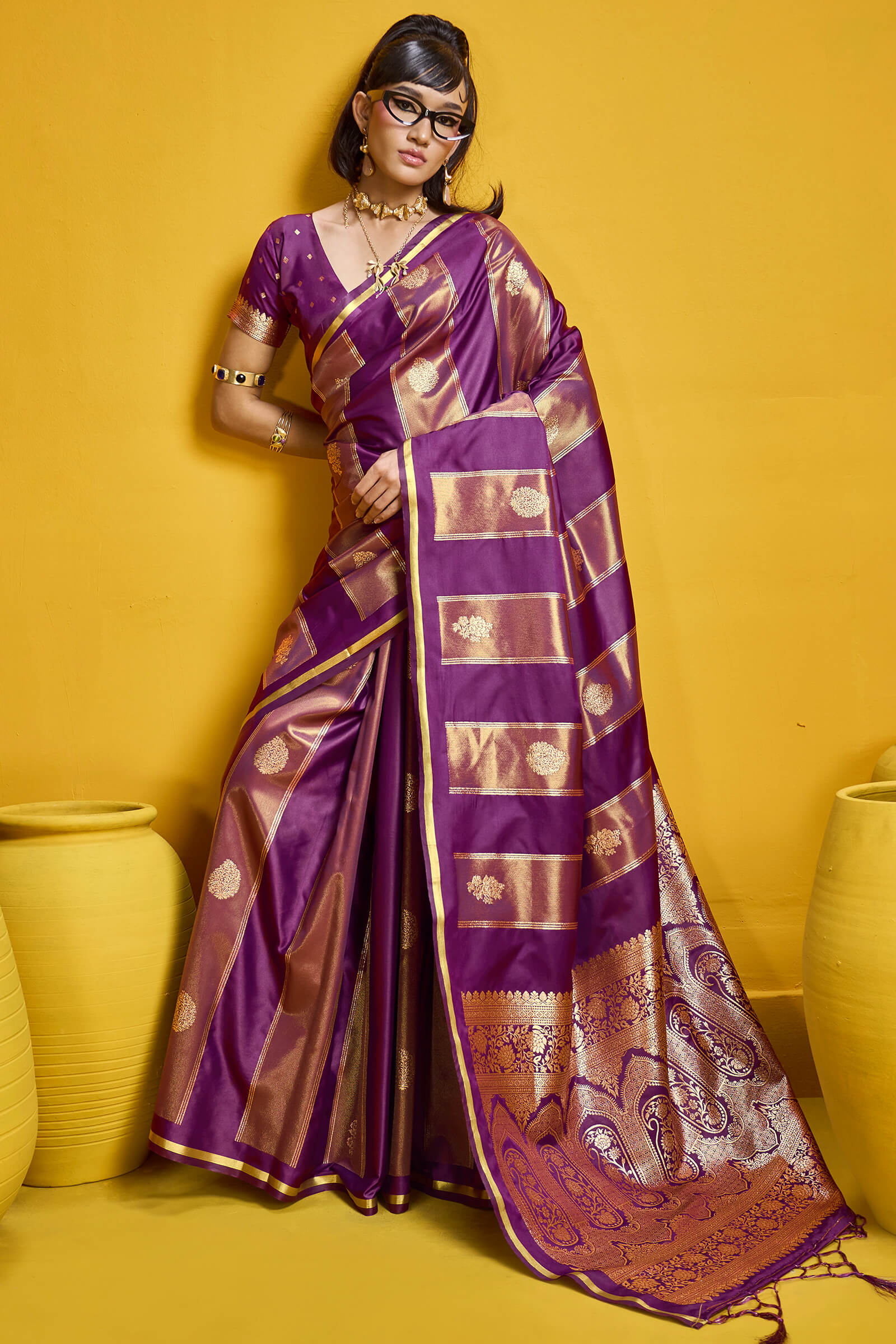 Glorious Wine Banarasi Satin Silk Saree With Cynosure Blouse