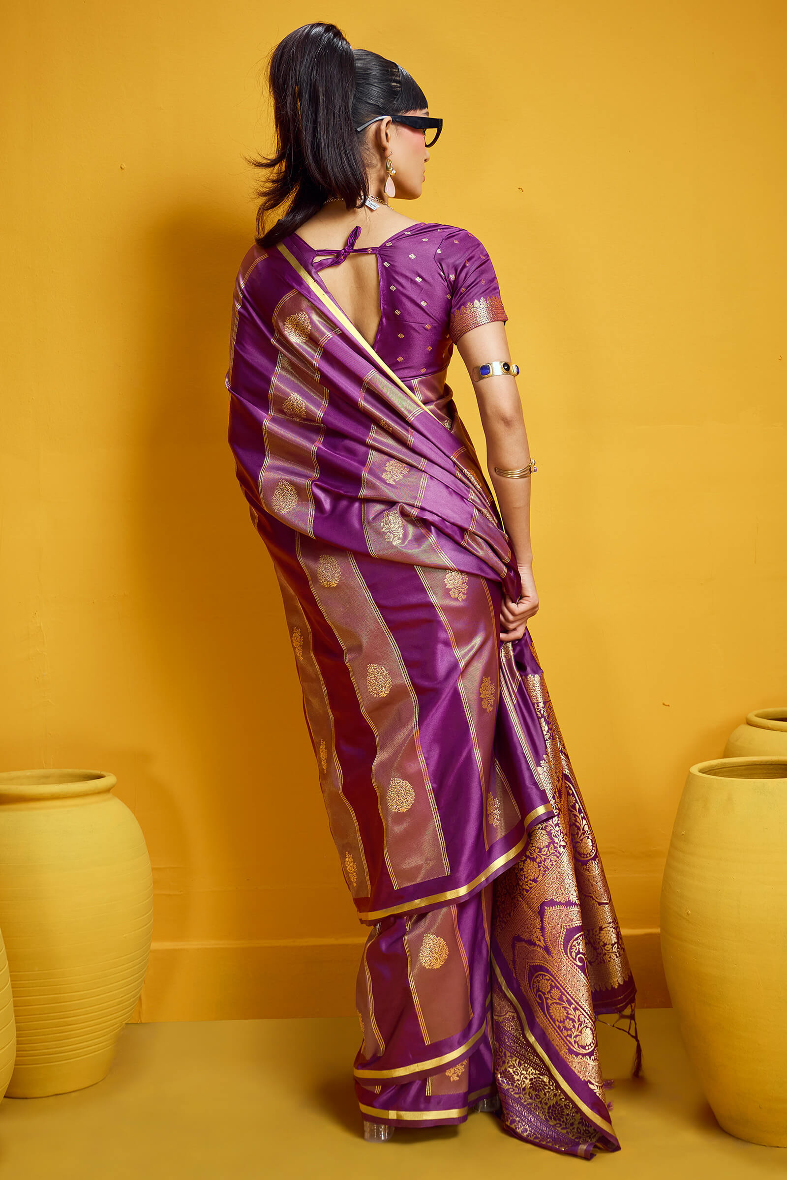 Glorious Wine Banarasi Satin Silk Saree With Cynosure Blouse